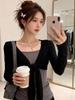 Korean Style Fake Two-Piece Color Block Patchwork Long Sleeve T-shirt - Women's Spring 2026 Slimming Lace-up Thin Temperament Top