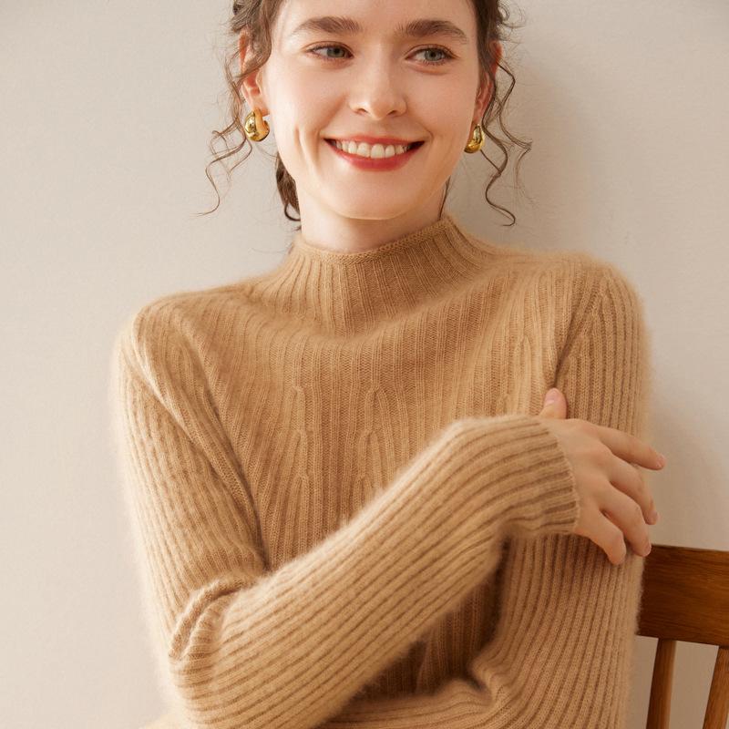 Women's Slim-Fit Ribbed Cashmere Sweater - Half-High Neck Knit Top for Autumn and Winter