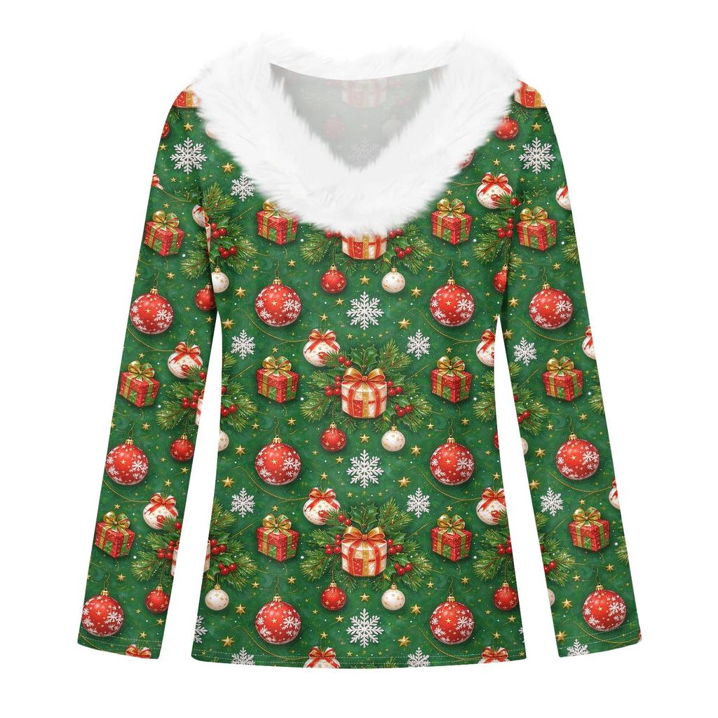 Women's Long Sleeve Christmas Print V-Neck Top with Plush Collar for Winter
