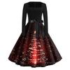 Christmas Print Flare Dress For Women Long Sleeve Dress Hollow Party Casual Square Collar Dresses