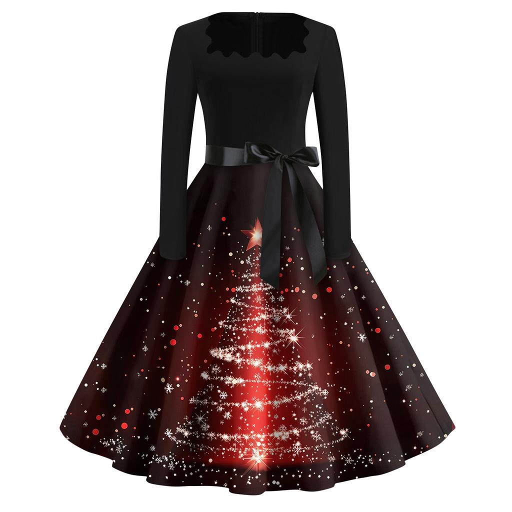 Christmas Print Flare Dress For Women Long Sleeve Dress Hollow Party Casual Square Collar Dresses