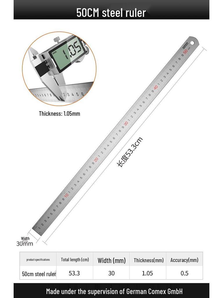30cm Thickened Stainless Steel Ruler - High Precision 50cm Scale