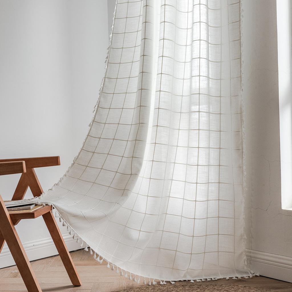 Tenda Plaid Vintage Americana con Nappe Semi Oscurante Cotone Lino Tasca per Asta Soggiorno Balcone Cucina Finestra a Golfo Protezione UV Arredamento Boho Rustico