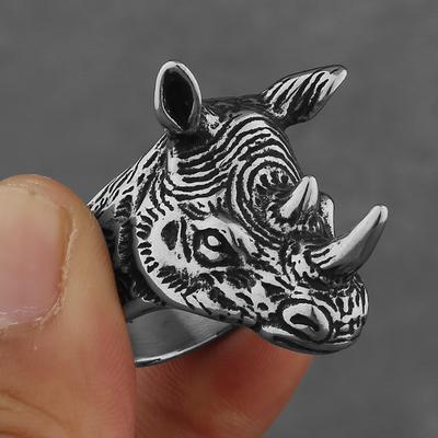 Retro Domineering Rhino Head Titanium Steel Animal Ring for Men Street Hip Hop
