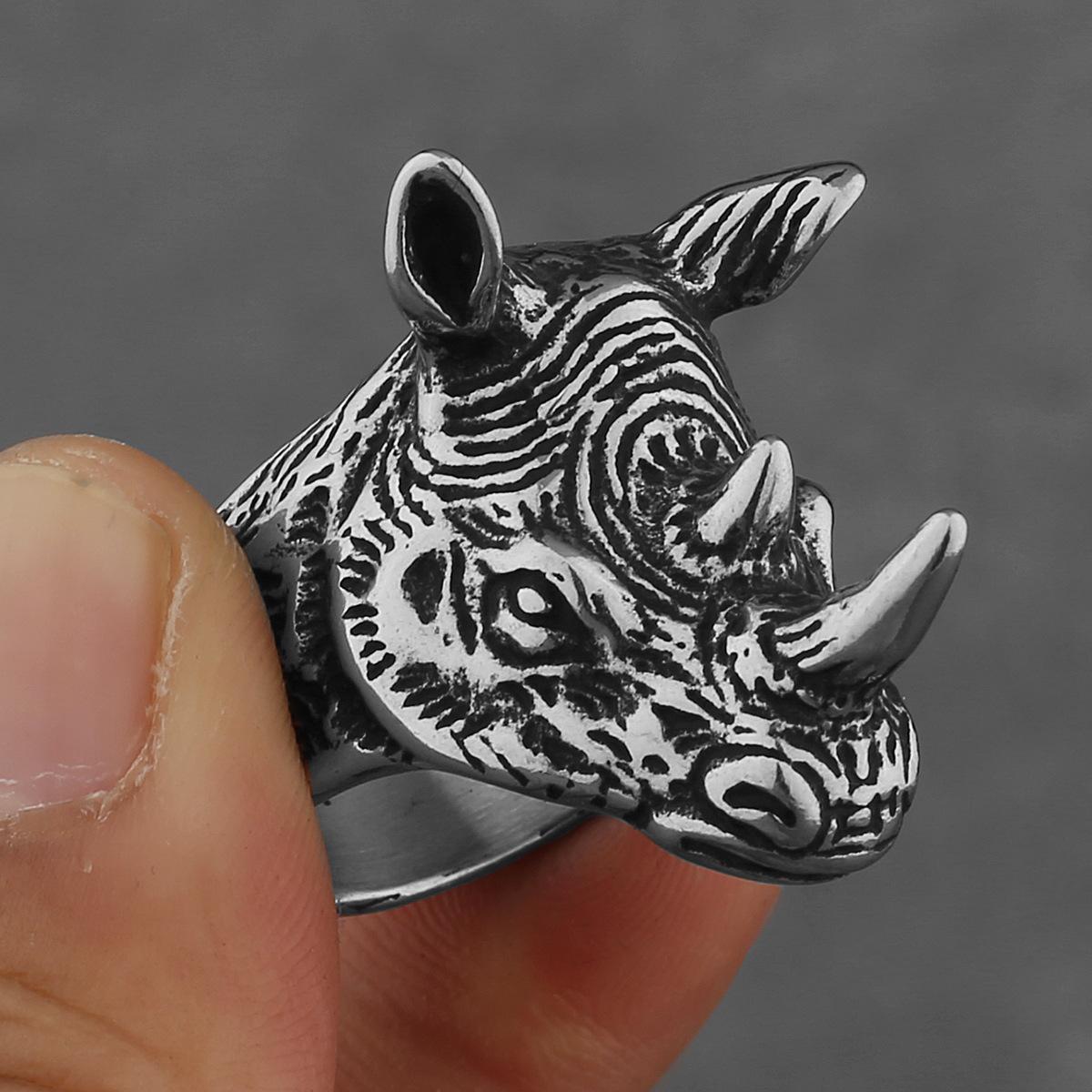 

Ретро Домінантна Голова Носорога Титанова Сталь Тваринне Кільце для Чоловіків Вуличний Хіп-Хоп one size(US size 6-13) срібний