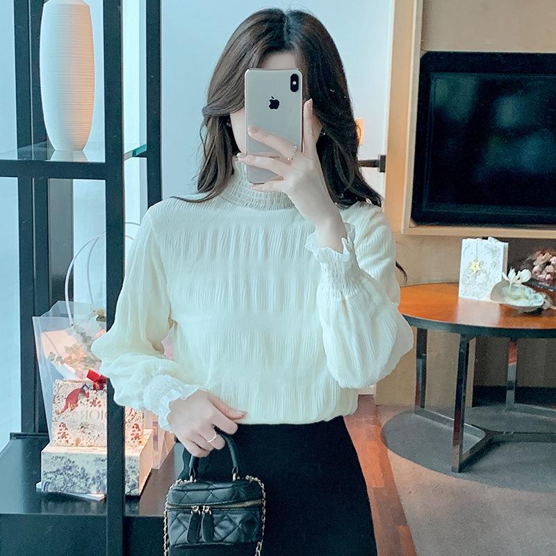 

Women s White Lace Semi-High Neck Long Sleeve Shirt with Mushroom Edge and Velvet Lining for Autumn and Winter. L