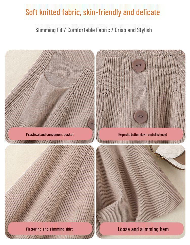 Damen Plus Size Koreanischer Stil Hohe Taille Elastischer Strick A-Linie Kurzer Rock - Schlankmachendes Design mit Strukturierter Oberfläche