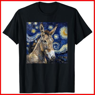 Donkey Van Gogh Style Starry Night Black Cotton T-Shirt S-5XL