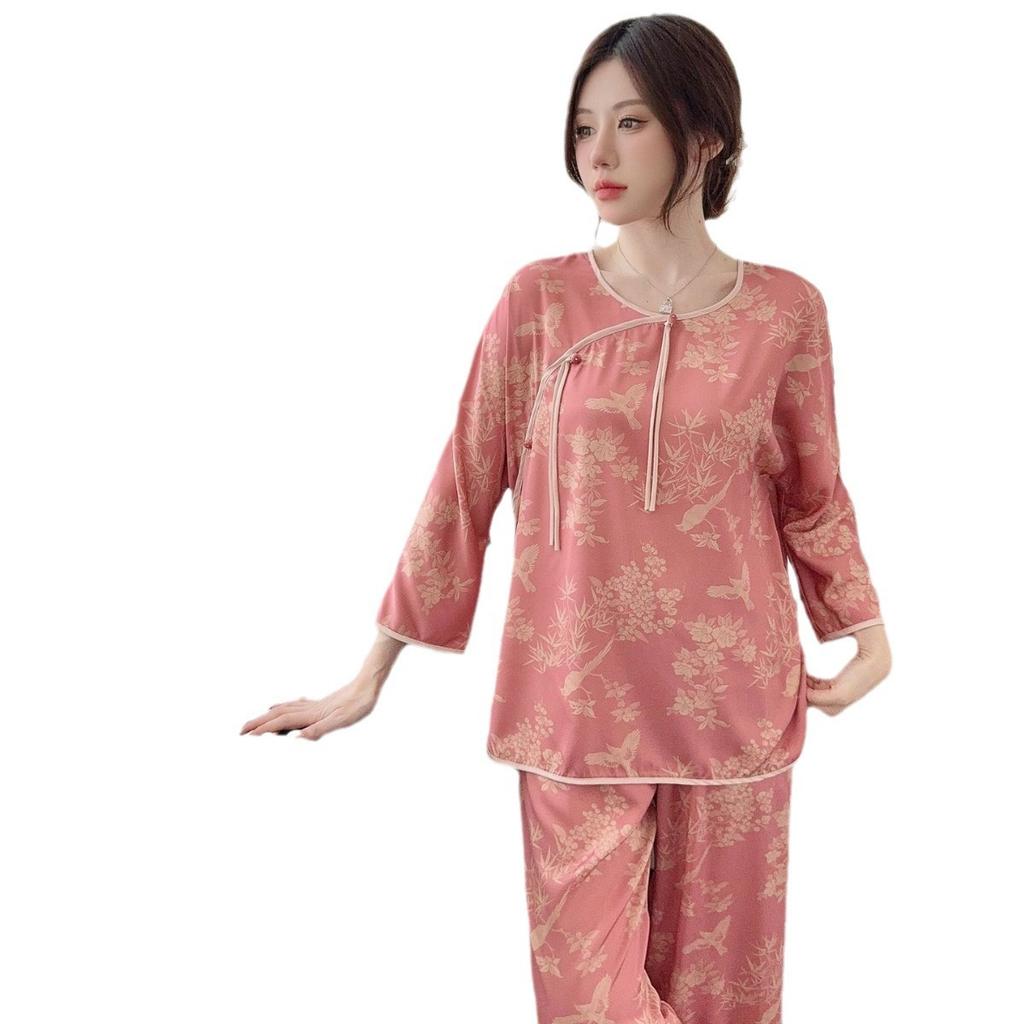 1011 new summer ice silk pajamas women's Chinese style simulation silk suit can be worn outside mother's clothing thin