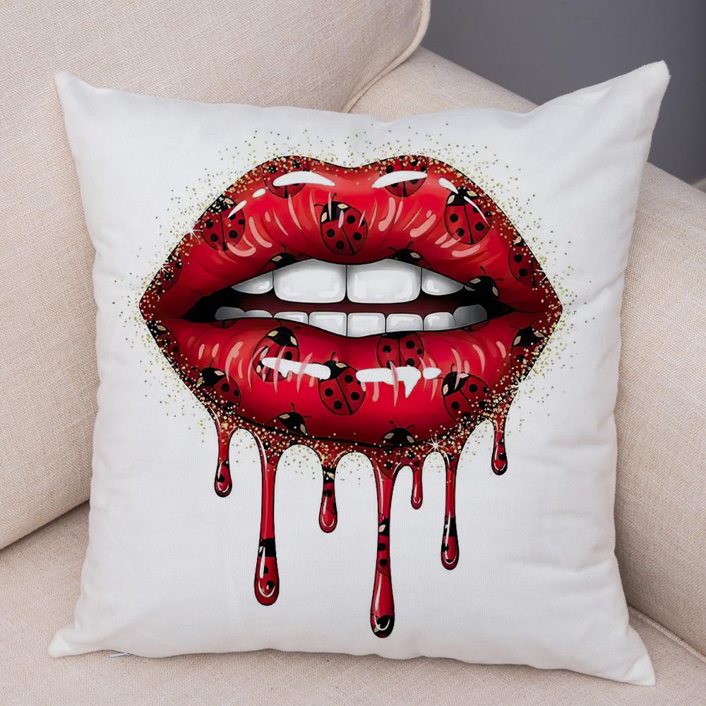 Bold Lip Art Pillowcase Double Print Leopard Pattern Cushion Cover Soft Plush Vibrant Design Pillow Case for Sofa Home Car
