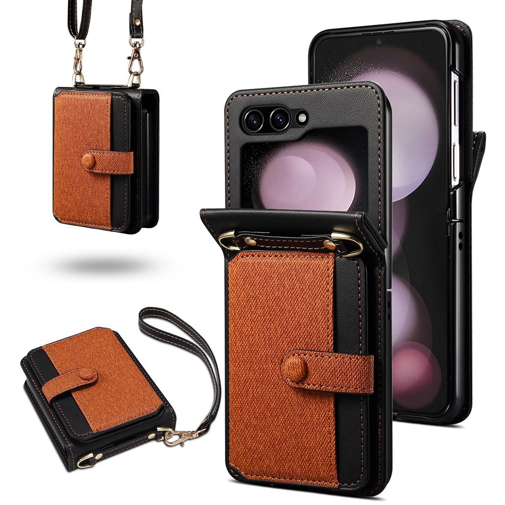 For Samsung Galaxy Z Flip6 5G Case Splicing Color Leather Phone Cover with Card Slot Holder Lanyard