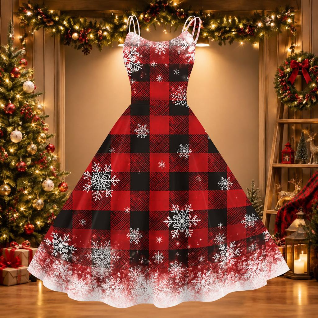 Women's Christmas Print Off-Shoulder Vintage Dress