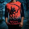 Men's Casual Halloween Print Crew Neck Three Quarter Sleeve T Shirt with Witch Bat and House Graphic for Holiday Theme