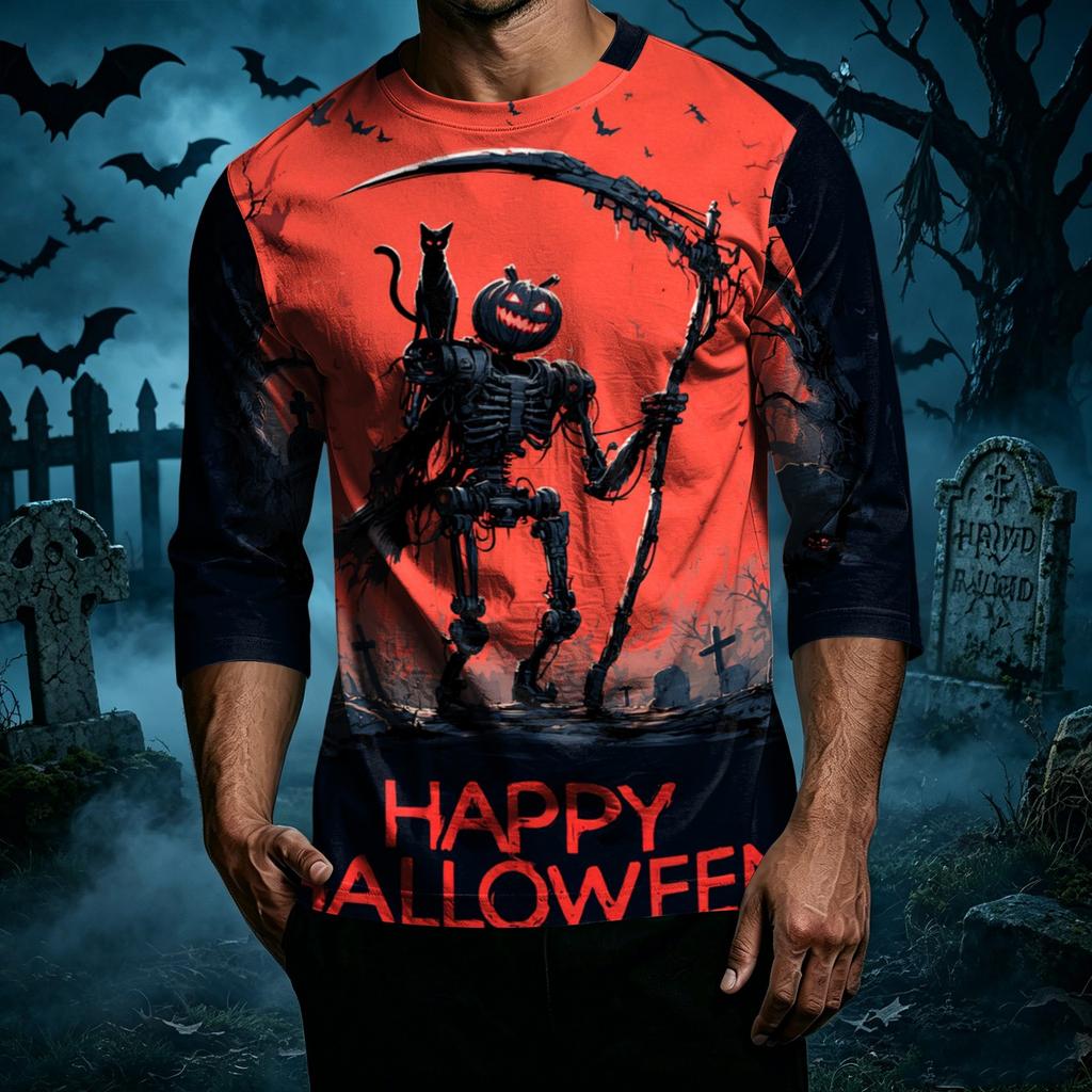 Men's Casual Halloween Print Crew Neck Three Quarter Sleeve T Shirt with Witch Bat and House Graphic for Holiday Theme