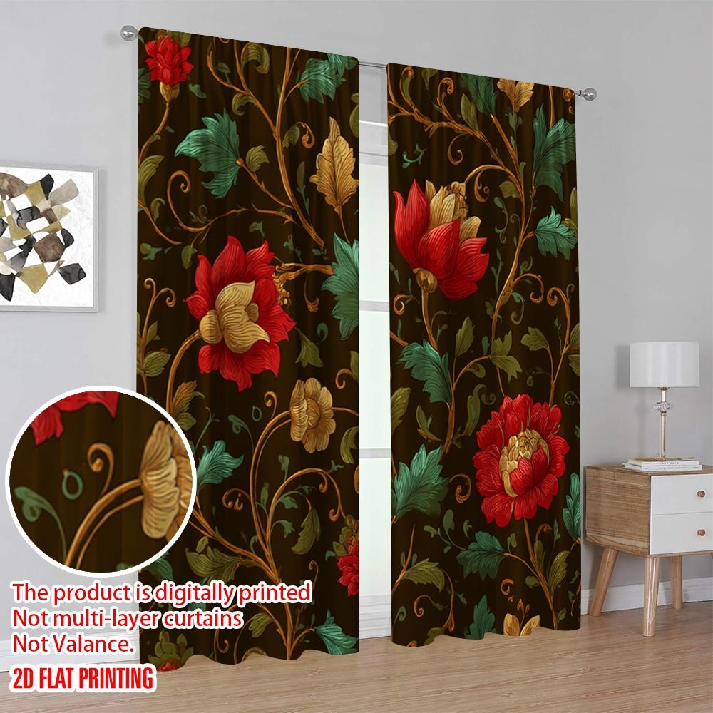 2pcs 2D flat printing Party Curtain Vintage Floral Red Flowers (2) Digital Printed Polyester Drapes Family Party Perfect for