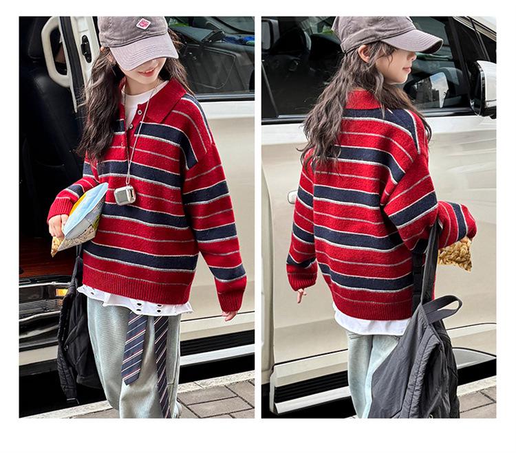 Girls' Striped Knitted Polo Sweater - Autumn/Winter 2025 Fashion Pullover for Kids