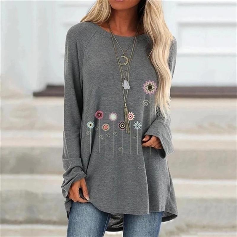 Ladies Flowers Printed Round Neck Long Sleeves Plus Size Cotton Tunic Loose T-Shirt Summer New Casual Fashion Women Clothing