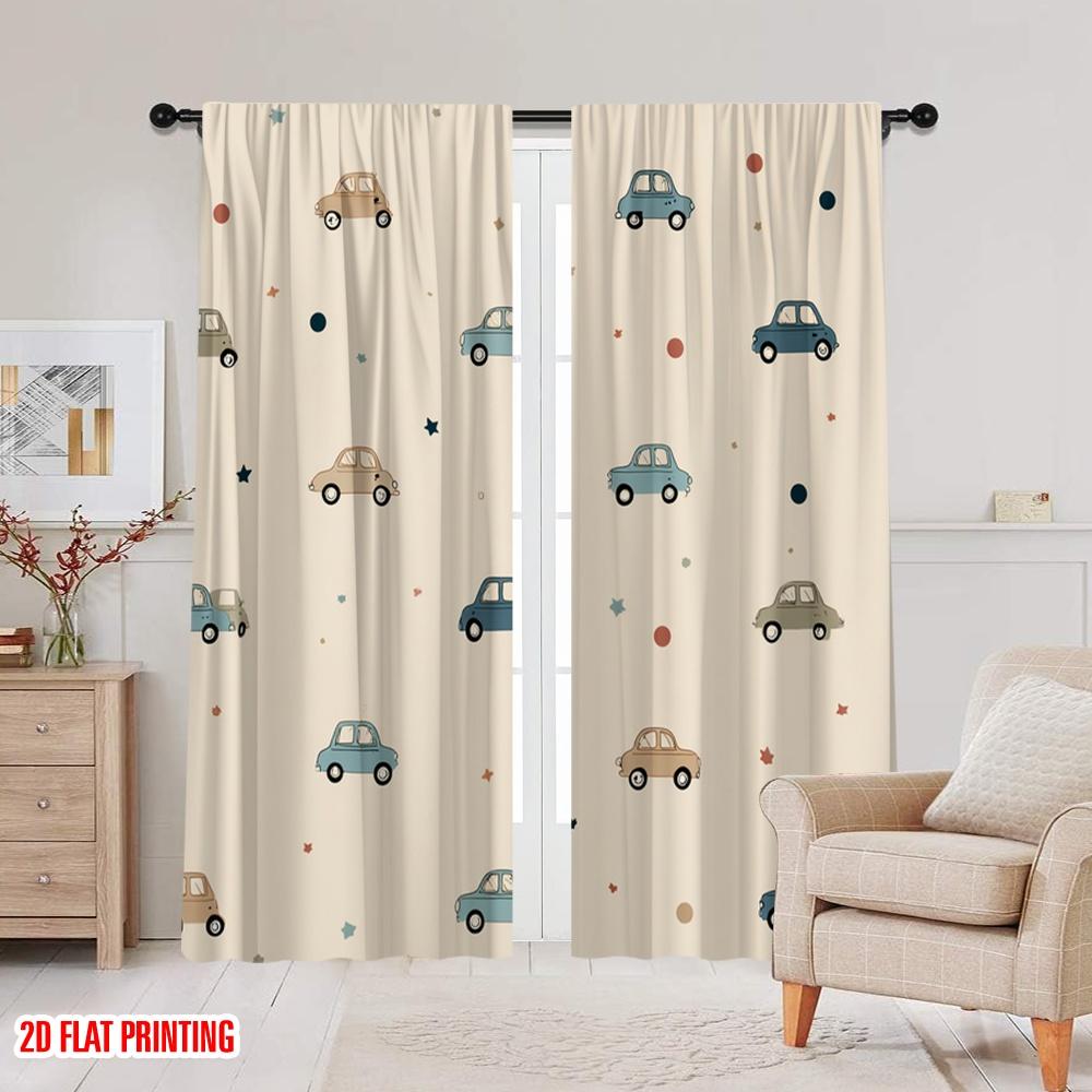 Set Of 2 Flat Printing Scene Curtains Cute Cars Wallpaper Polyester Without Electricity Party Decorations Holiday Portraits Curtain