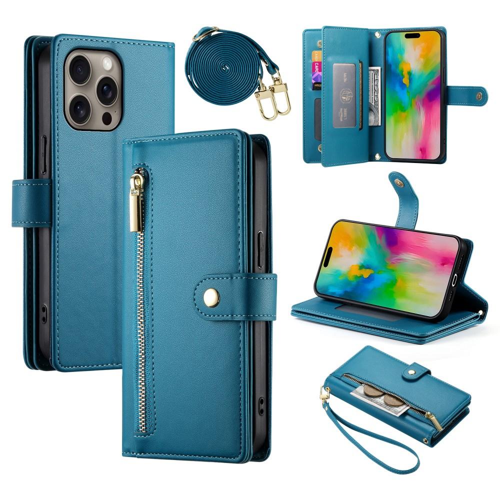 iPhone 16 Pro Max Flip Case, Wallet Zipper Pocket, Blue