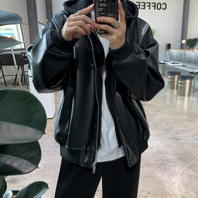 Leather Jacket Men's New Fake Two-piece Hooded Jacket Korean Style Loose Trendy Brand Workwear Leather Jacket