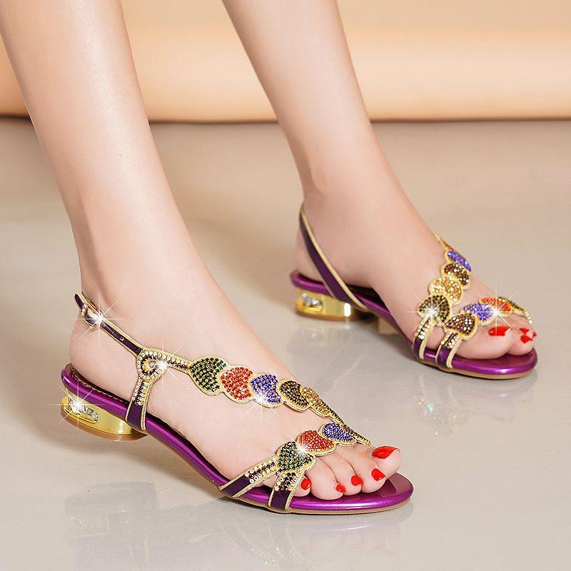 JIMITU Sandali Estivi Nuovi in Pelle da Donna Sandali con Strass a Tacco Basso Fondo Piatto Clip-Toe Tacco Spesso Fiori Sandali di Lusso Regalo