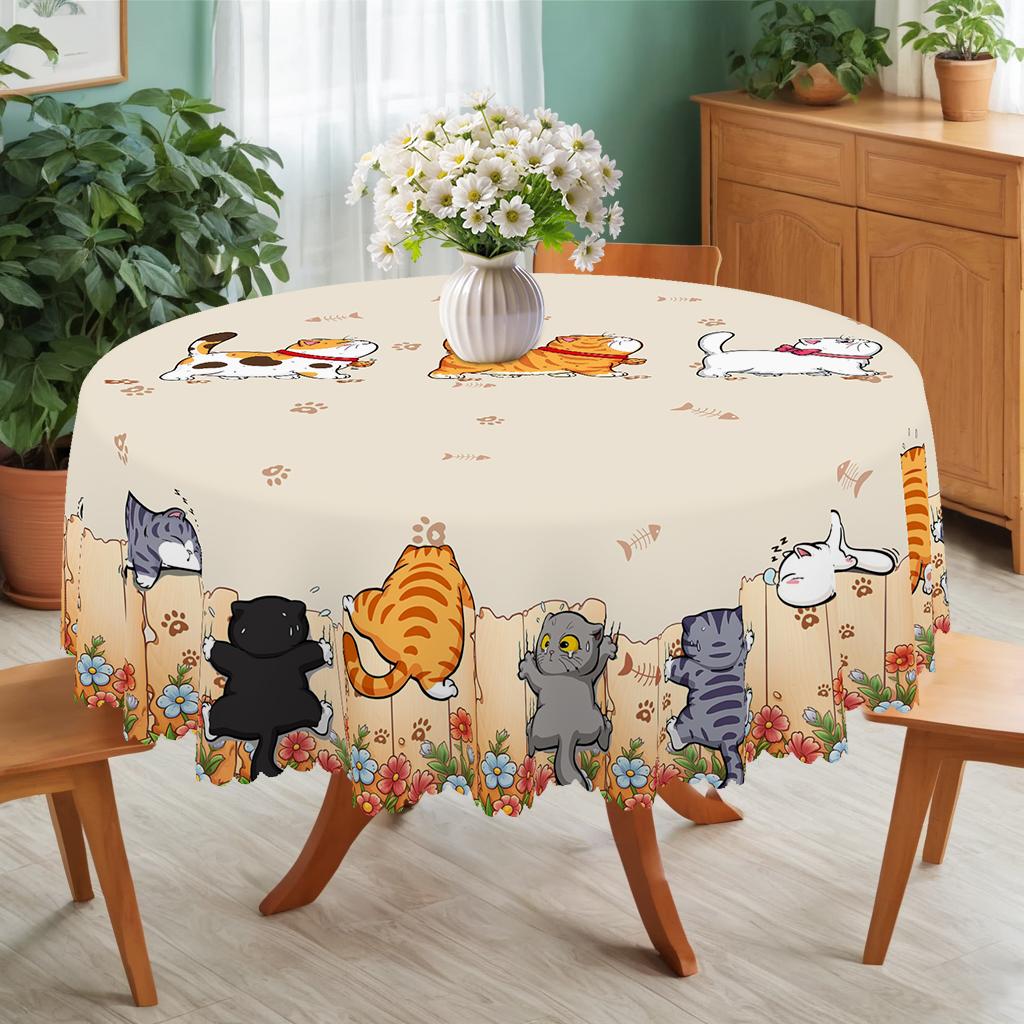 1 Piece of Cute Cartoon Cat Round and Rectangular Tablecloth, Available In 5 Sizes, Adorable Cartoon Cat Playful Pattern Print Deskcloth, Embossed Edg