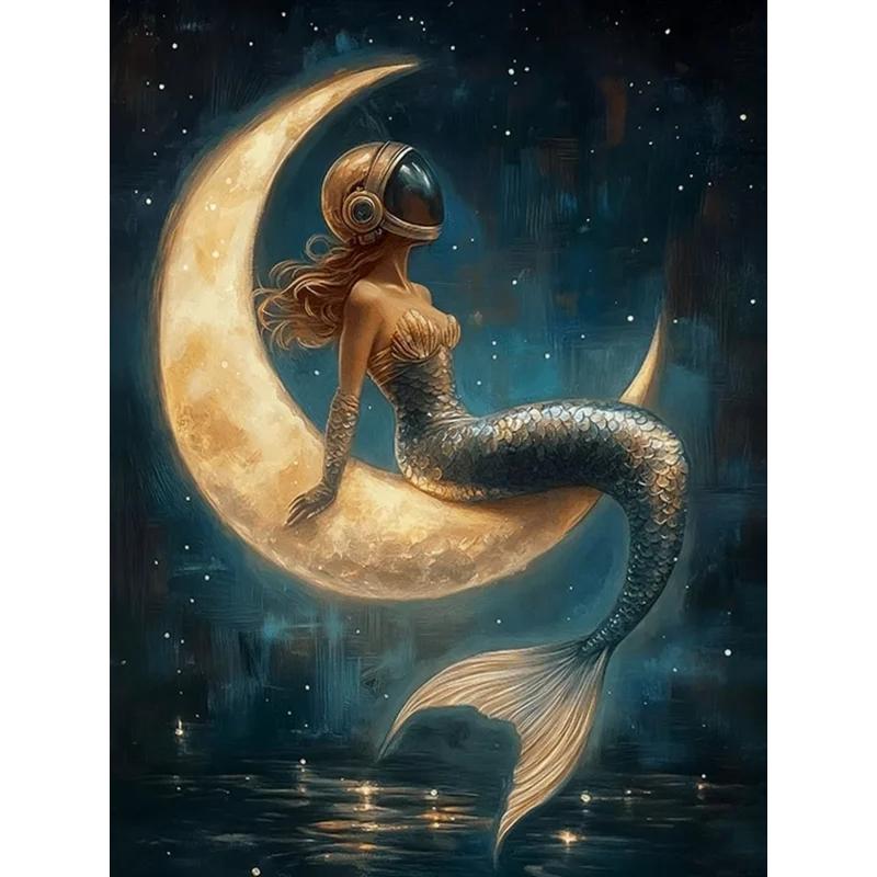 Fantasy Mondsichel Leinwandbild für Wohnzimmer Heimdekoration Mond am Sternenhimmel Poster Druck Abstrakte Wandkunst