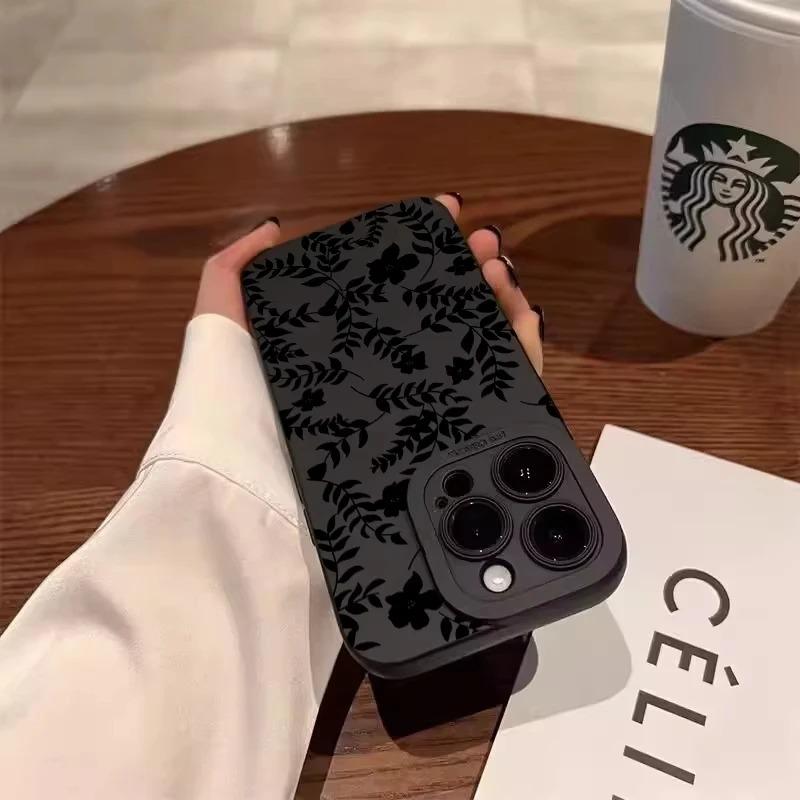 Simple Rose Pattern Print Black Soft Phone Case For iPhone 17 Air 16 Cases iPhone 15 Pro Max 16E 14 12 13 11 XS XR X 7 8 Plus