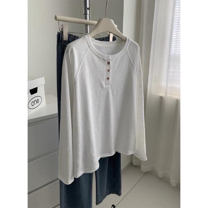 Damen Plus Size Koreanischer Stil Henley-Kragen Langarm Baumwoll-T-Shirt, 240 Jin, Figurschmeichelnder Schnitt, Einfarbige Basis Schicht