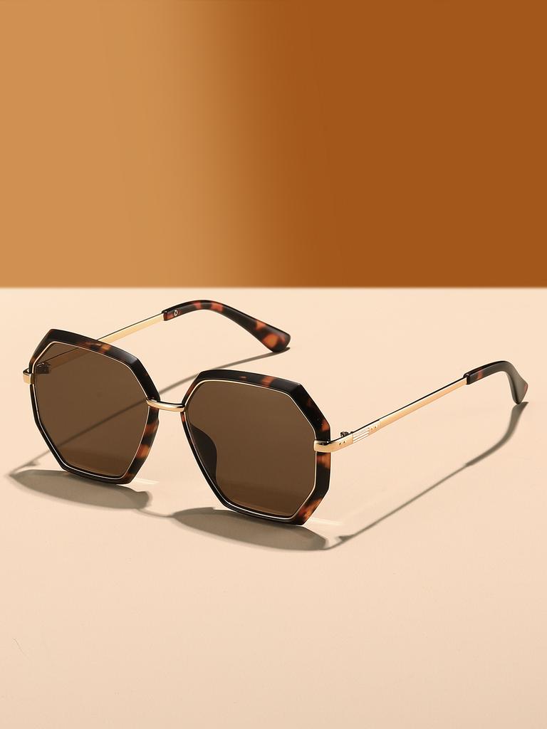 1Pc French Retro Octagonal Tortoiseshell Women's Sunglasses with High-End Metal Temples, Trendy, Vacation-Friendly, Uv Protectio