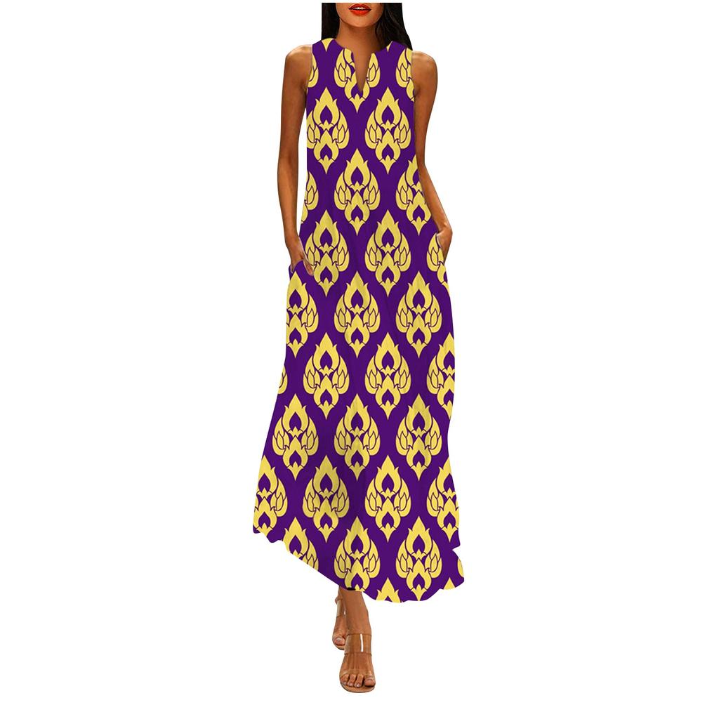 Women's Fashion Casual Retro Print V Neck Multicolor Long Sexy Sleeveless Dress