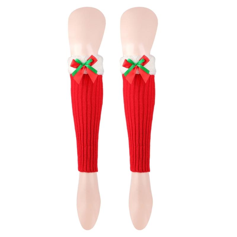 Ribbed Knitted Christmas Boot Cuffs for Women Sweet Bowknot Festival Plush Trim Leg Warmers Calf Socks for Cold Weather