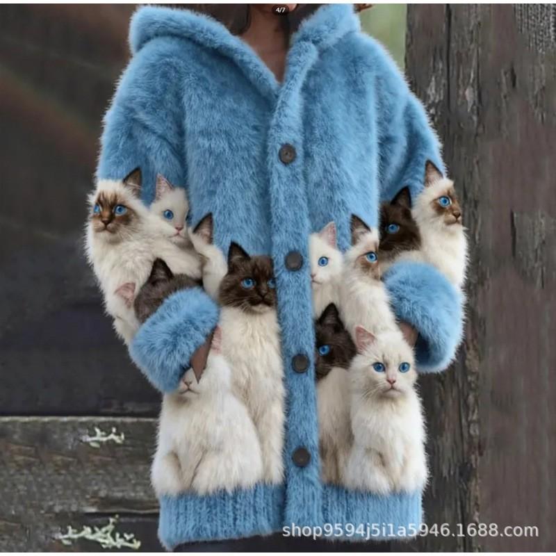 Womens 3D Cat Print Hooded Cardigan Sweater Coat Long Sleeve Thick Casual Outerwear