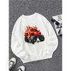 European sizes Trendy Crewneck Sweatshirt for Girls Featuring Flaming Monster Truck Design. Long-Sleeved Top, Casual Style Suitable for Young Girls.