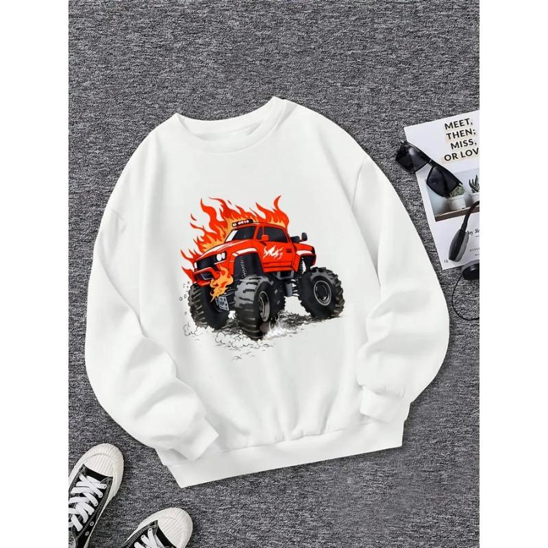 European sizes Trendy Crewneck Sweatshirt for Girls Featuring Flaming Monster Truck Design. Long-Sleeved Top, Casual Style Suitable for Young Girls.