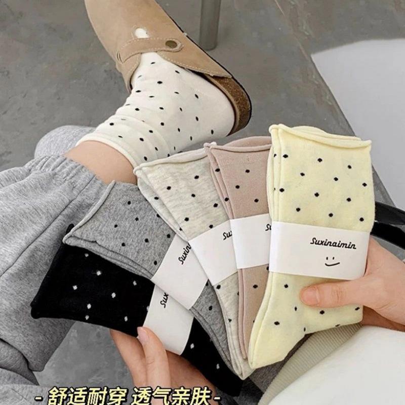 

5 Pairs Women s Spring Socks – Cream Vintage Polka Dot Mid-Tube Rolled Edge Socks, Thin Artistic Summer Socks One Size