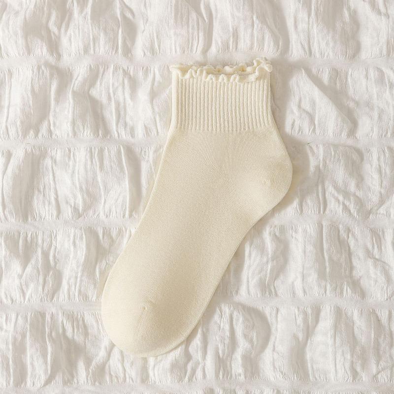 Women's Cotton Boneless Spring and Autumn Socks with Black Fungus Edges, Sweat-absorbing Lace Mid-calf Socks, Solid Color Socks