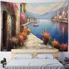 Seaside Fishing Boat Architecture Oil Painting Tapestry - Retro Art Print Home Decor Fabric for Living Room Bedroom