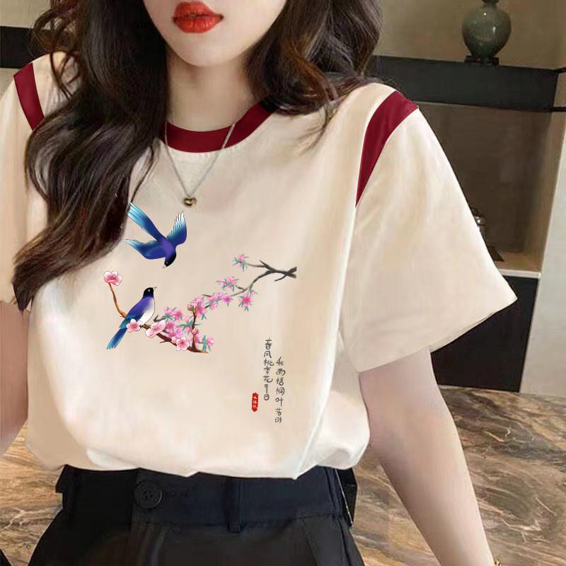 Floral Butterfly Print Short Sleeve T Shirt For Women With Splicing Cotton Relaxed Fit Summer Casual Wear