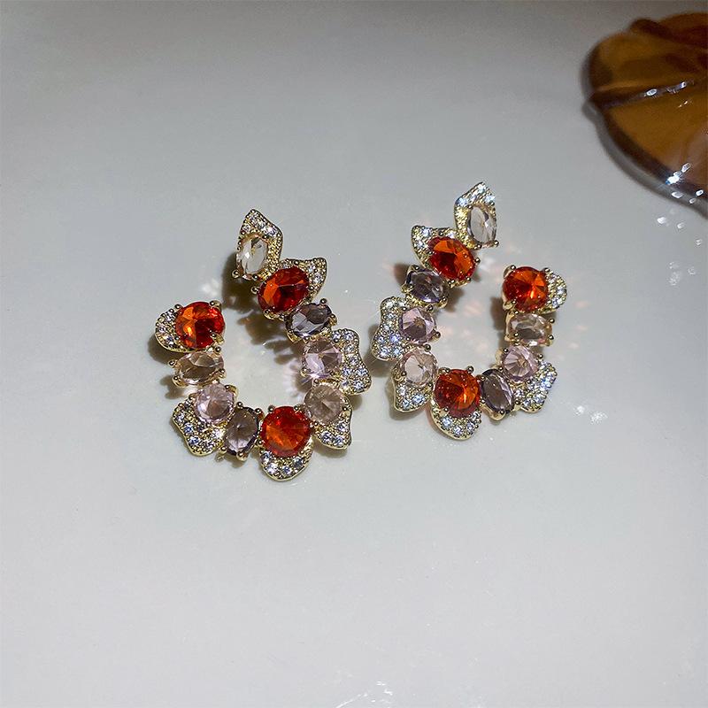 Shiny Colorful Zircon Rhinestones Stud Earrings For Women Temperament Irregular Round Earrings Female Party Ear Jewelry Gifts K-