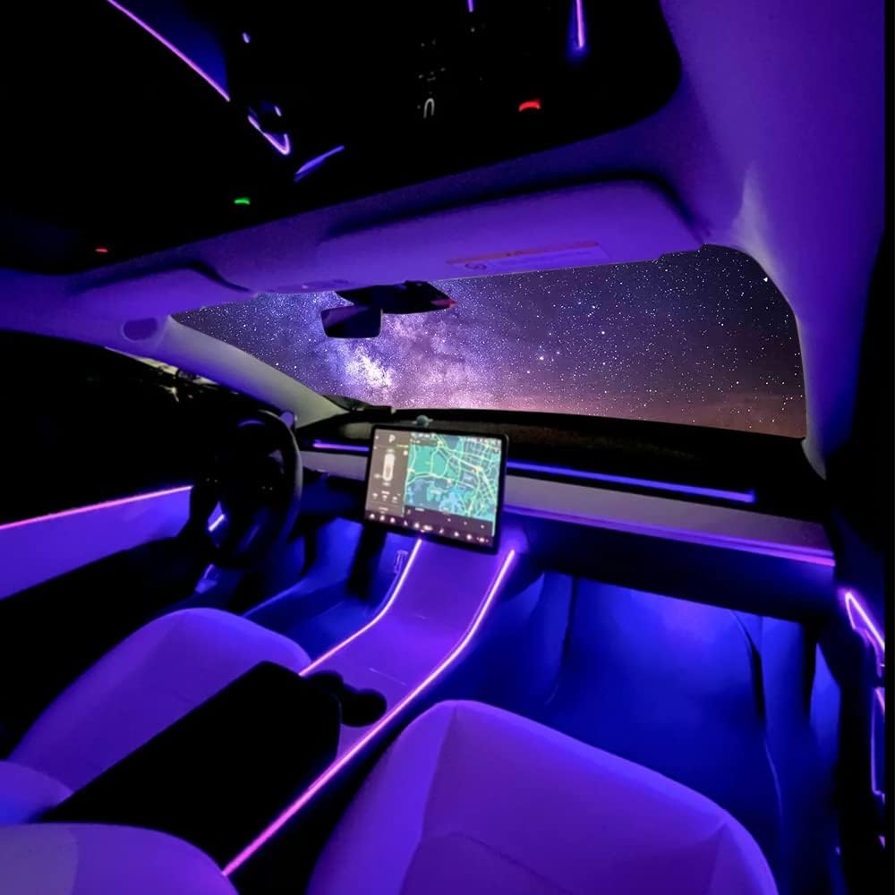 Interior Car Lights With Wireless APP & Remote Control, 9 In 1 RGB Car Ambient Lighting Kit With 4 Under Dash Lights & 5 Fiber Optic LED Strips, Sync