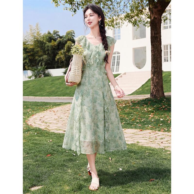 Elegant French Floral Ruffle A-Line Midi Dress