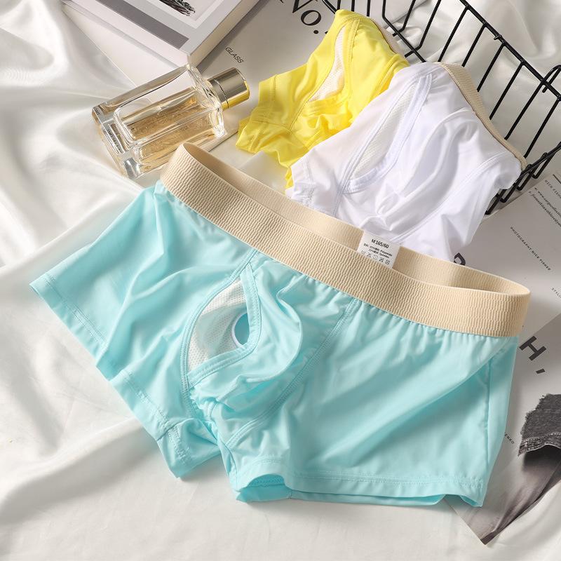 Men's Summer Sexy Ice Silk Thin Breathable Side Open Flat Angle Briefs