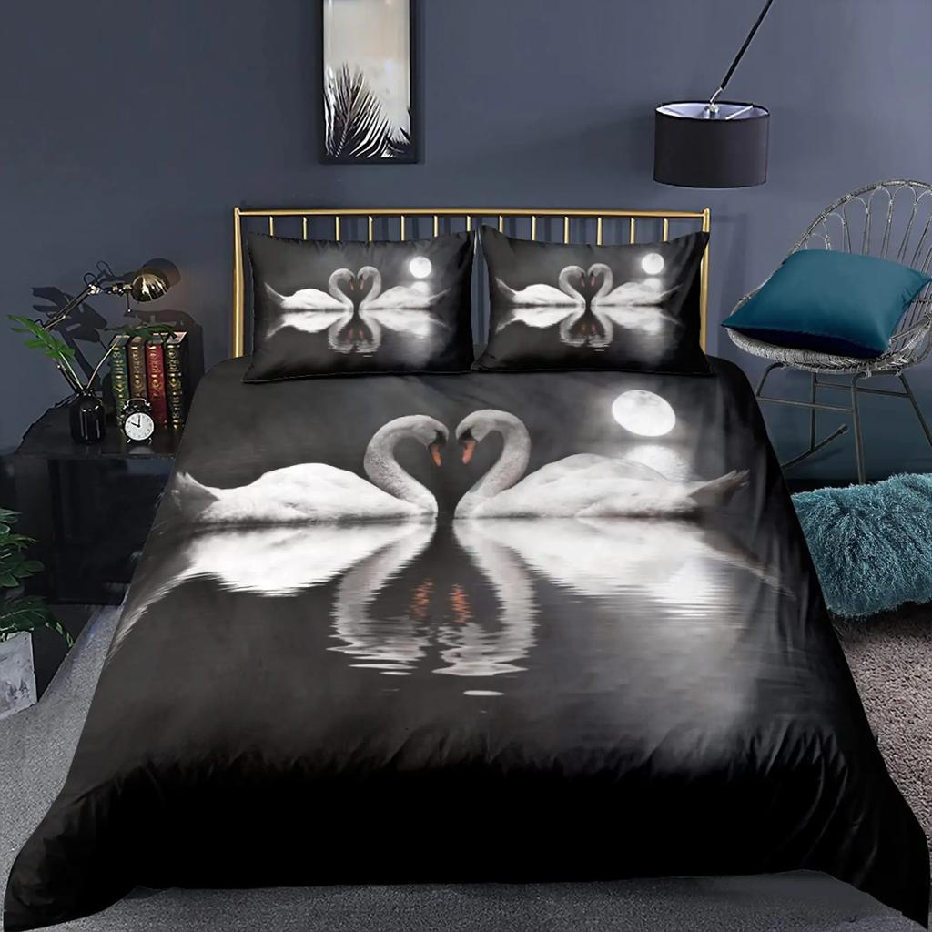 Swan Duvet Cover Black And White Swan Duvet Cover Queen Bird Comforter Cover Microfiber Romantic Flower Wild Animals Quilt Cover