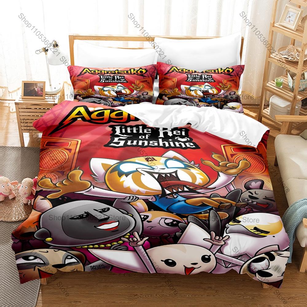 Personality Aggretsuko Anime Bedding Set New Soft Duvet Cover Pillowcases Cute Red Panda Print Bed Set for Kids Adults Bedroom D