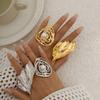 Irregularly Wound Imitation Pearl Open Ring, Exaggerated Wind Metal Pleated Leaf Ring Female