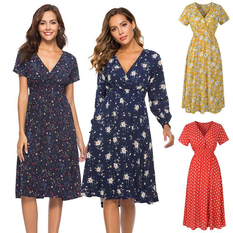 Women Neck V Boho Floral Midi Dress Short Sleeve Summer Beach Sundress Casual