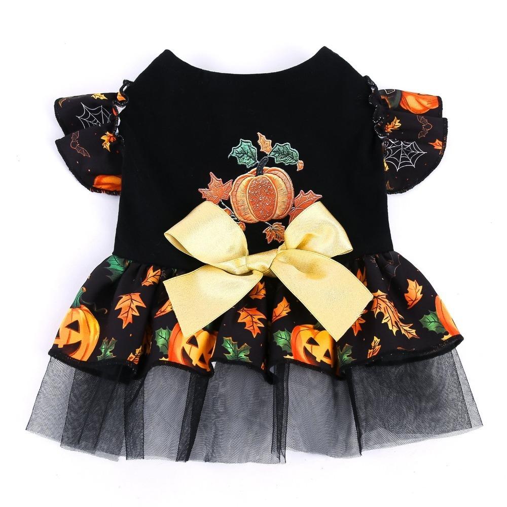 Pumpkin Print Pet Wizard Dress Big Bow Decor Pet Puff Sleeve Skirt Halloween Party