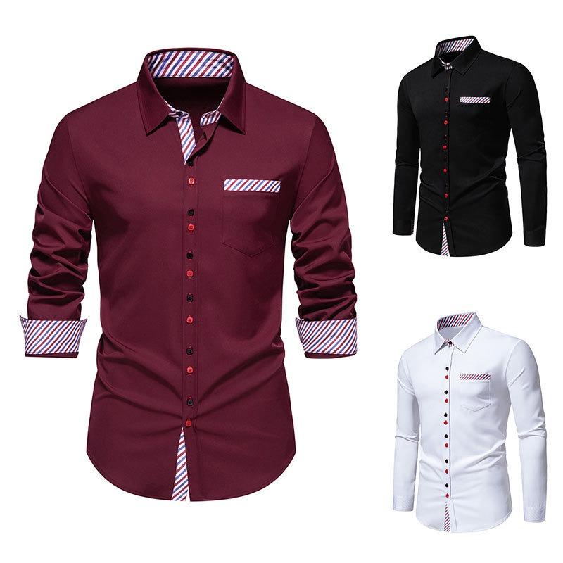 Spring Summer Triangle Collar Striped Color Blocked Men's Long Sleeved Shirt Top Shirts (men’s)