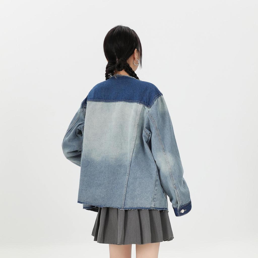 Damska kurtka raglanowa z denimu w stylu retro - Wczesnojesienna codzienna góra w blokach kolorystycznych